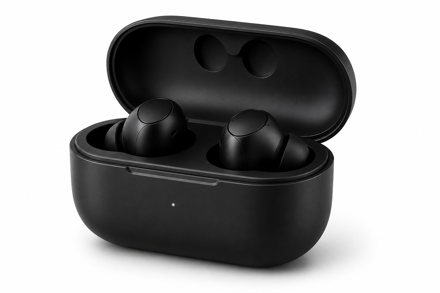 Fone de ouvido bluetooth preto em estojo de carregamento
