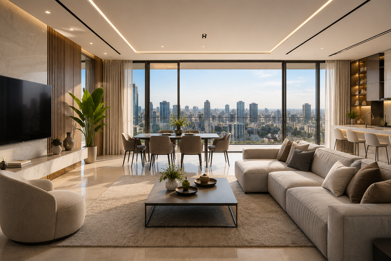 Apartamento de alto padrão com sala ampla e vista urbana