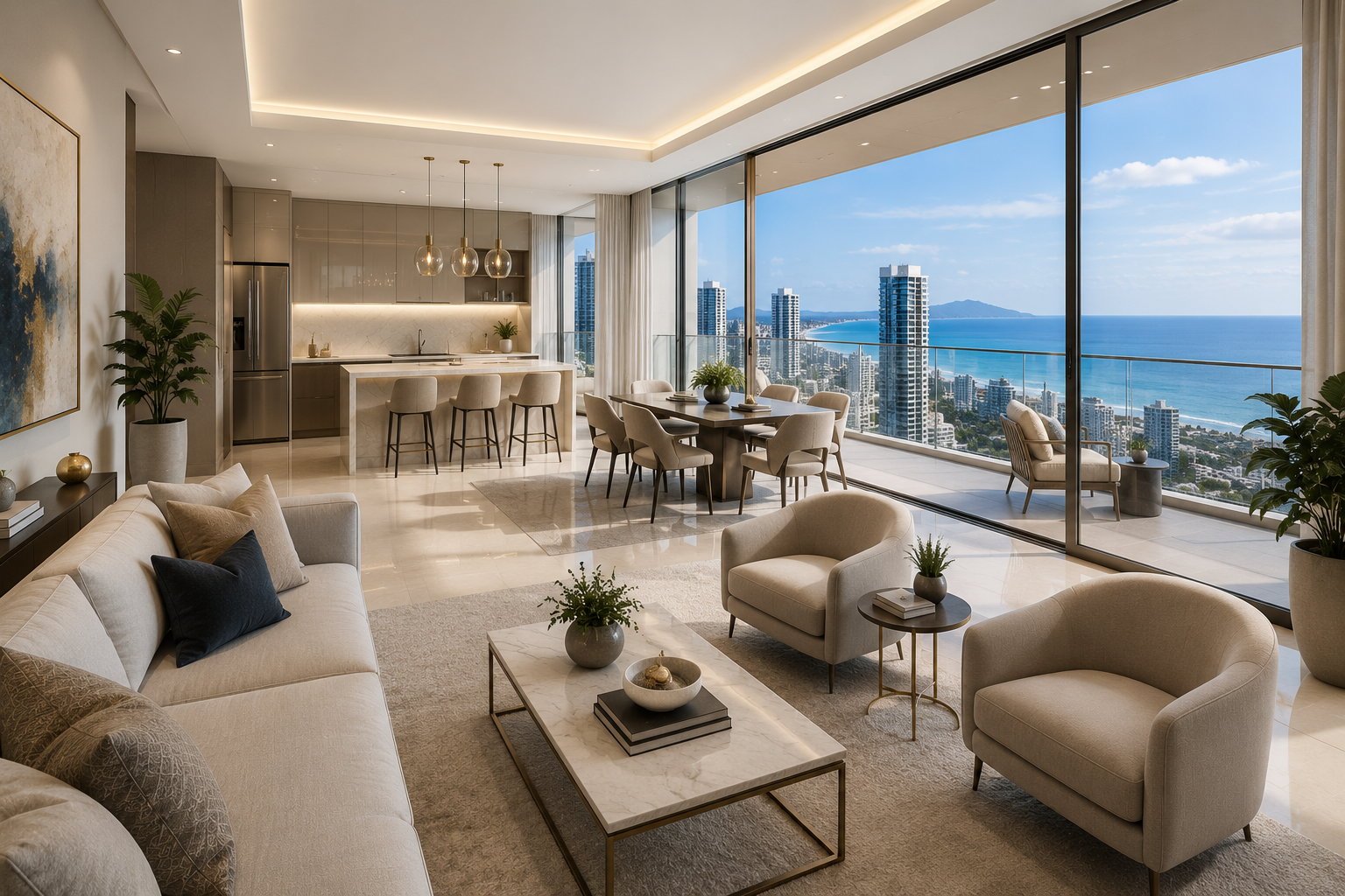 Apartamento sofisticado com interiores claros e varanda