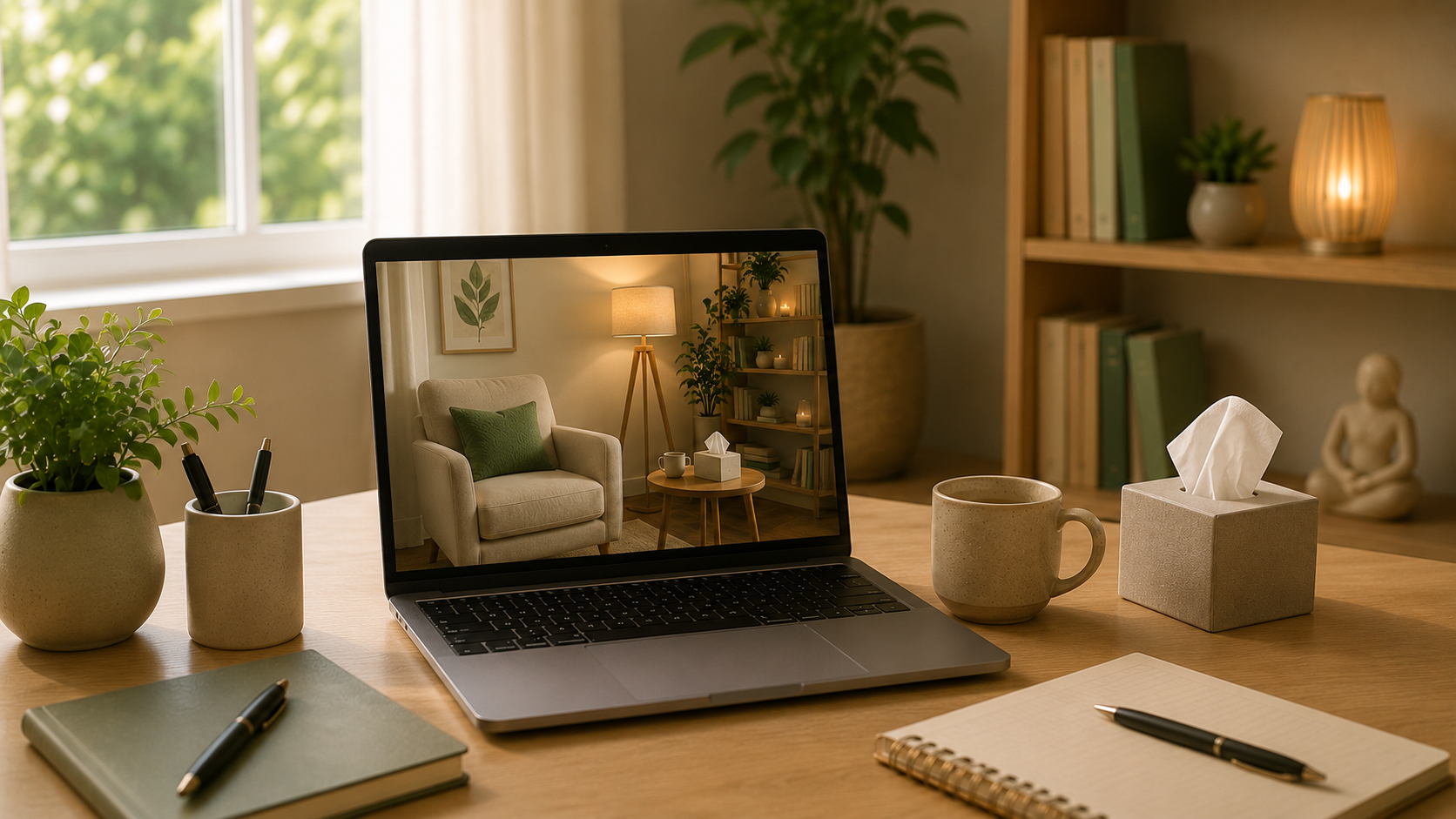Notebook em ambiente acolhedor representando atendimento psicológico online