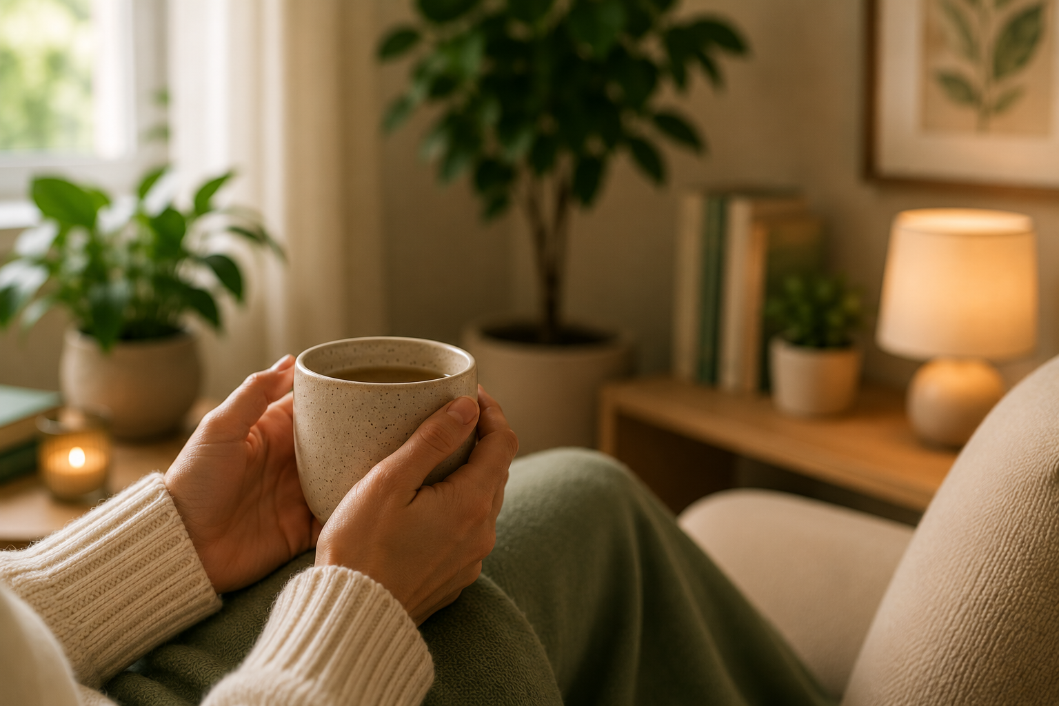 Mãos segurando uma xícara em ambiente acolhedor