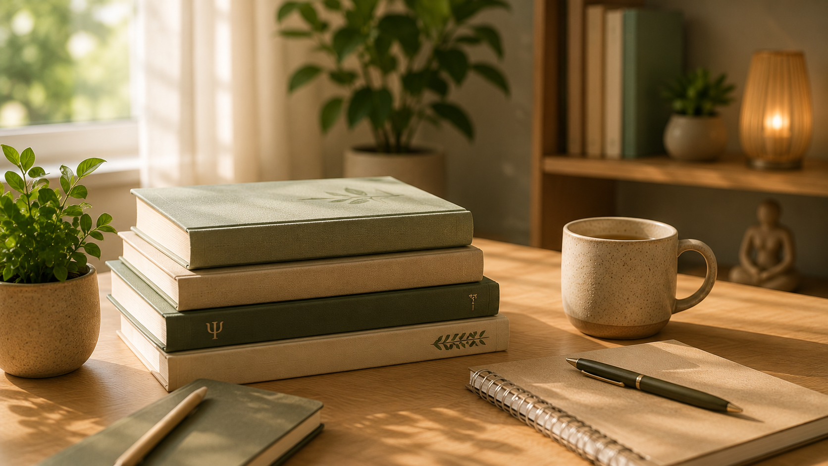 Livros e planta em ambiente calmo representando abordagem psicológica