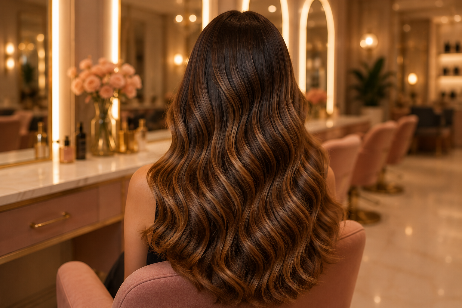 Cabelo longo com ondas bem cuidadas em salão de beleza