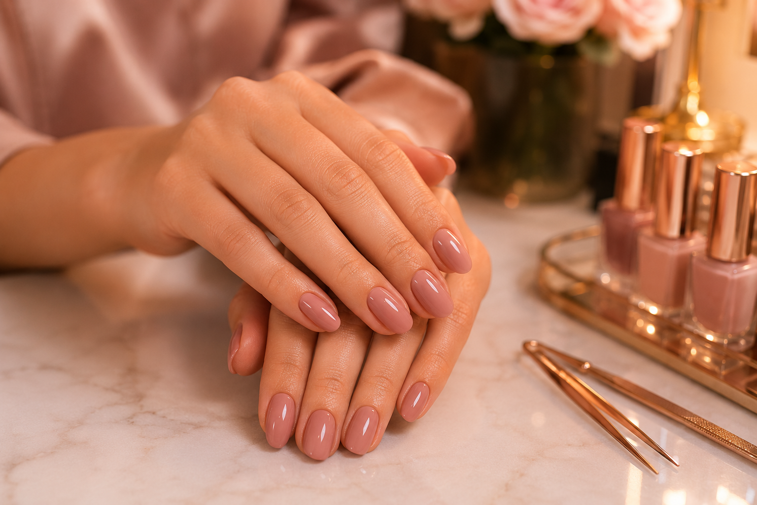 Unhas cuidadas com esmaltação delicada em tom rosado